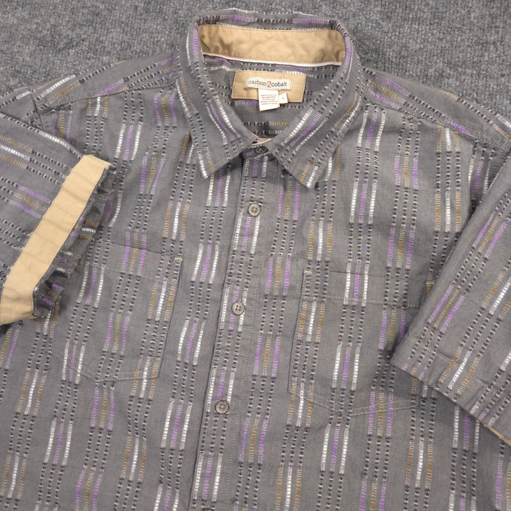 Carbon 2 Cobalt Shirt Mens L Gray Multi Jacquard Striped Flip Cuff Short Sleeve